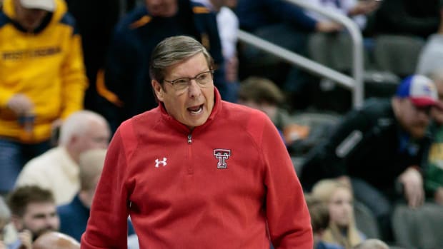 Mar 11, 2022; Kansas City, MO, USA; Texas Tech Red Raiders coach Mark Adams on the sidelines during the game against the Oklahoma Sooners at T-Mobile Center. Mandatory Credit: William Purnell-USA TODAY Sports